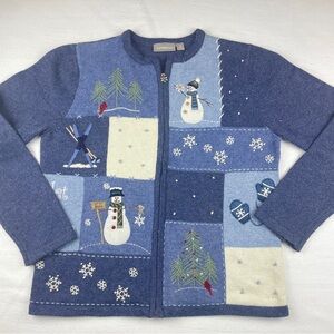 Vintage Croft & Barrow Womens Winter Snowman Holiday Blue Cardigan Sweater Med